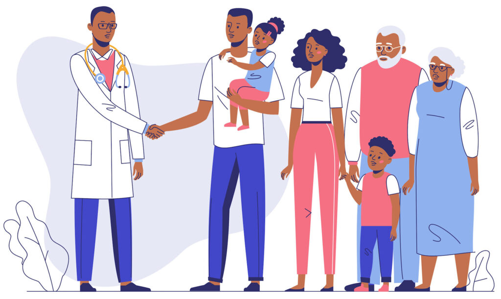 Revolutinizing healthcare for everyone: Animated Photo of a black family and a doctor. 