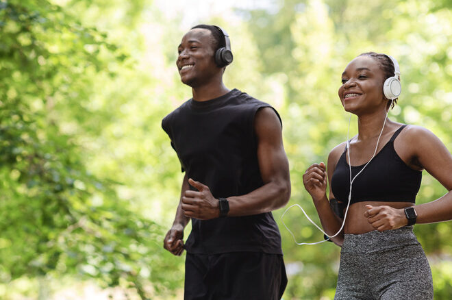 Black man and woman jogging